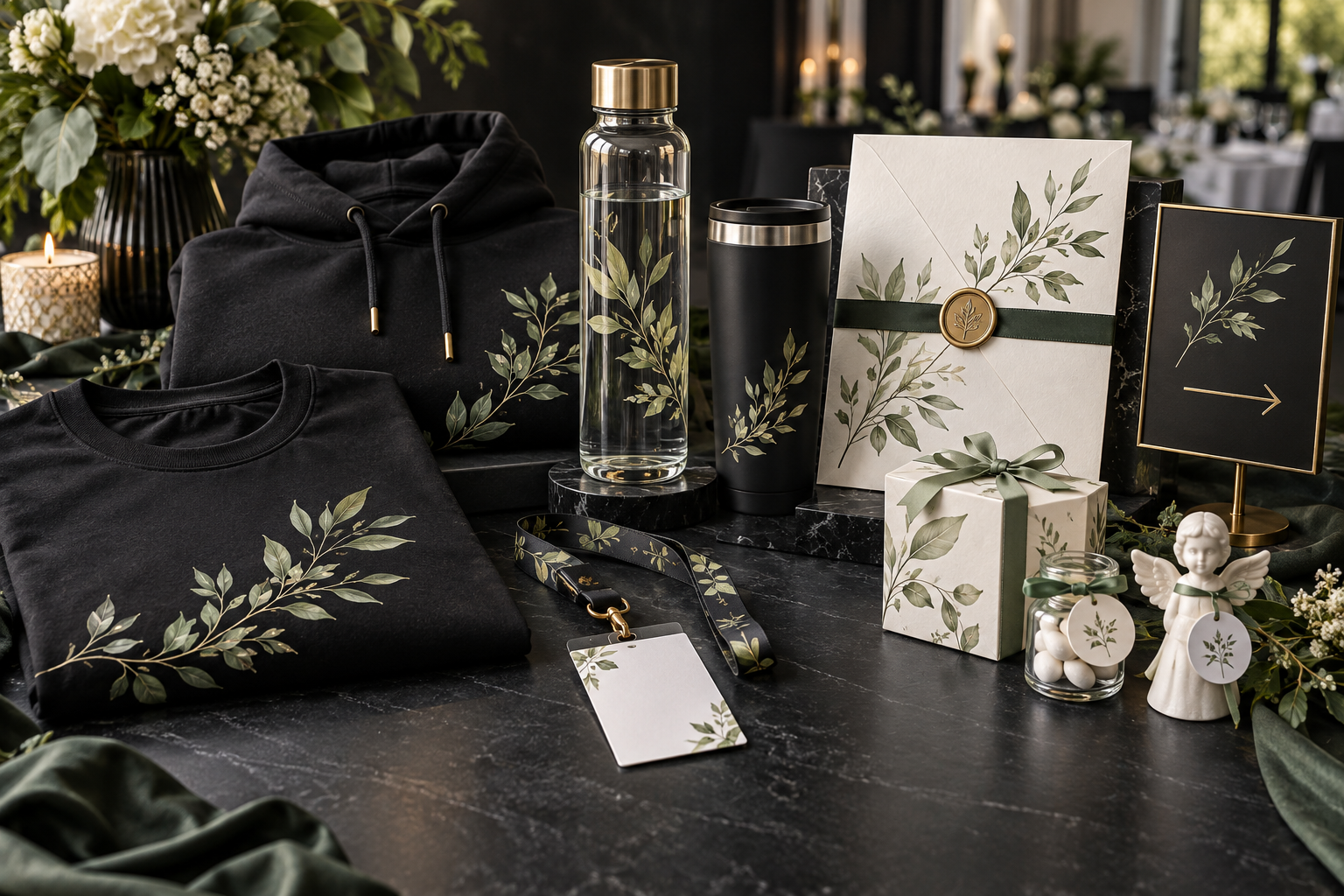 Bundle coordenado com roupa, garrafa, termo, lanyard, convite, sinalética e recordações